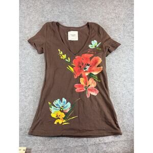 Abercrombie & Fitch Floral Graphic Tee Womens Large Brown V-Neck Boho Artsy Y2K